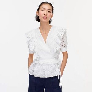 J.Crew White Eyelet Wrap Blouse with Ruffles